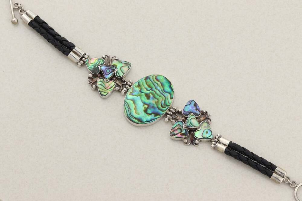 Sterling Silver Abalone & Leather Cord Bracelet Toggle Clasp 7 1/4" - 7 3/4" inc